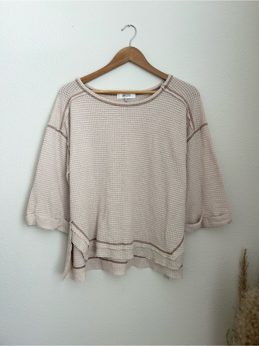 MOD Waffleknit Cream Brown Stitching Blouse Large